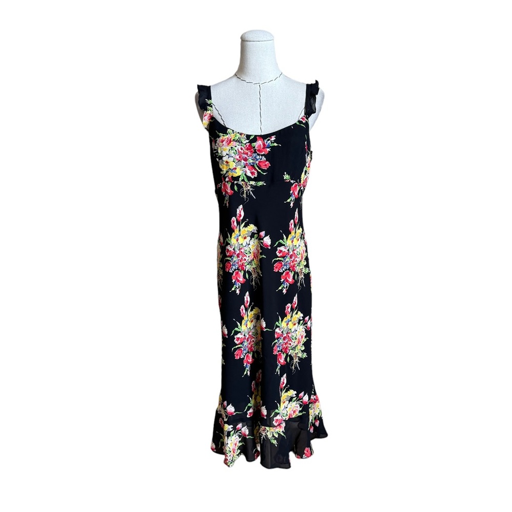 Vintage 90s Y2K Mica Floral Ruffle Rayon Dress Carrie Bradshaw Grunge Betsey